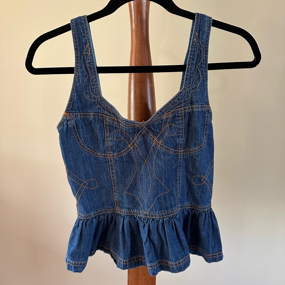 Anthropologie Pilcro Embroidery Peplum Corset Top Denim, Size Small